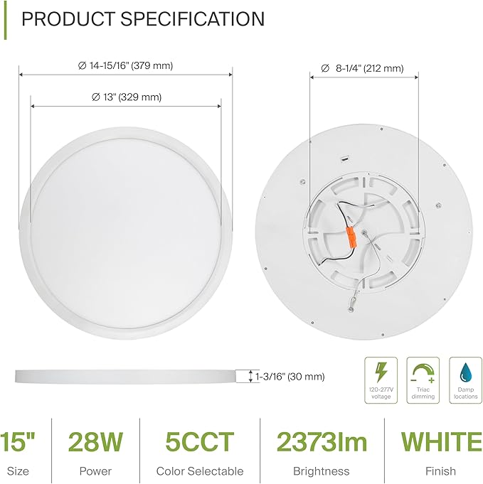 ASD LED 15" Round Flush Mount Ceiling Light Fixture, Low Profile Surface - Image 2