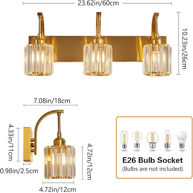 FDPBY 3-Light Crystal Vanity Light, Modern Gold Bathroom Wall Sconce - Image 4