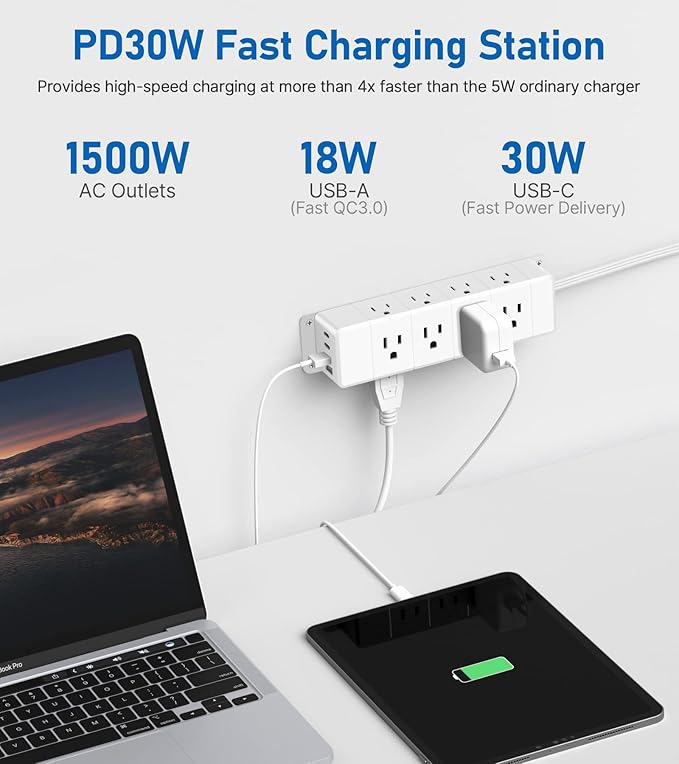 30W USB C Power Strip Surge Protector, Ultra Thin Flat Plug Power Strip 4 Side - Image 3