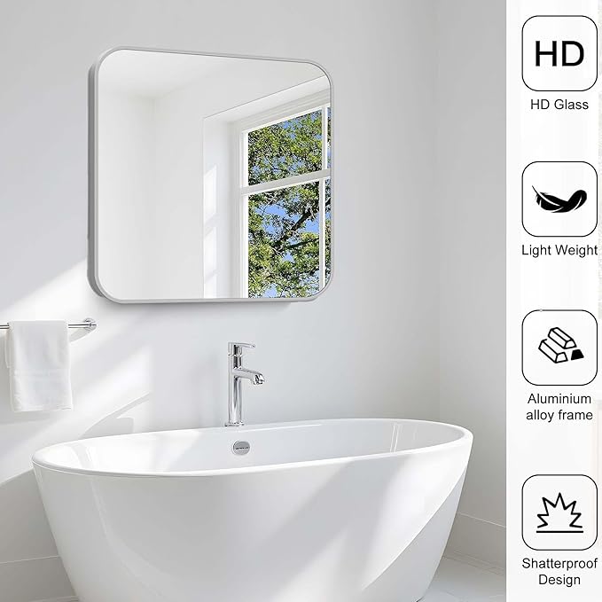 Silver Bathroom Mirror, 30 x 30 Inch Silver Square Mirror, Metal Framed - Image 5