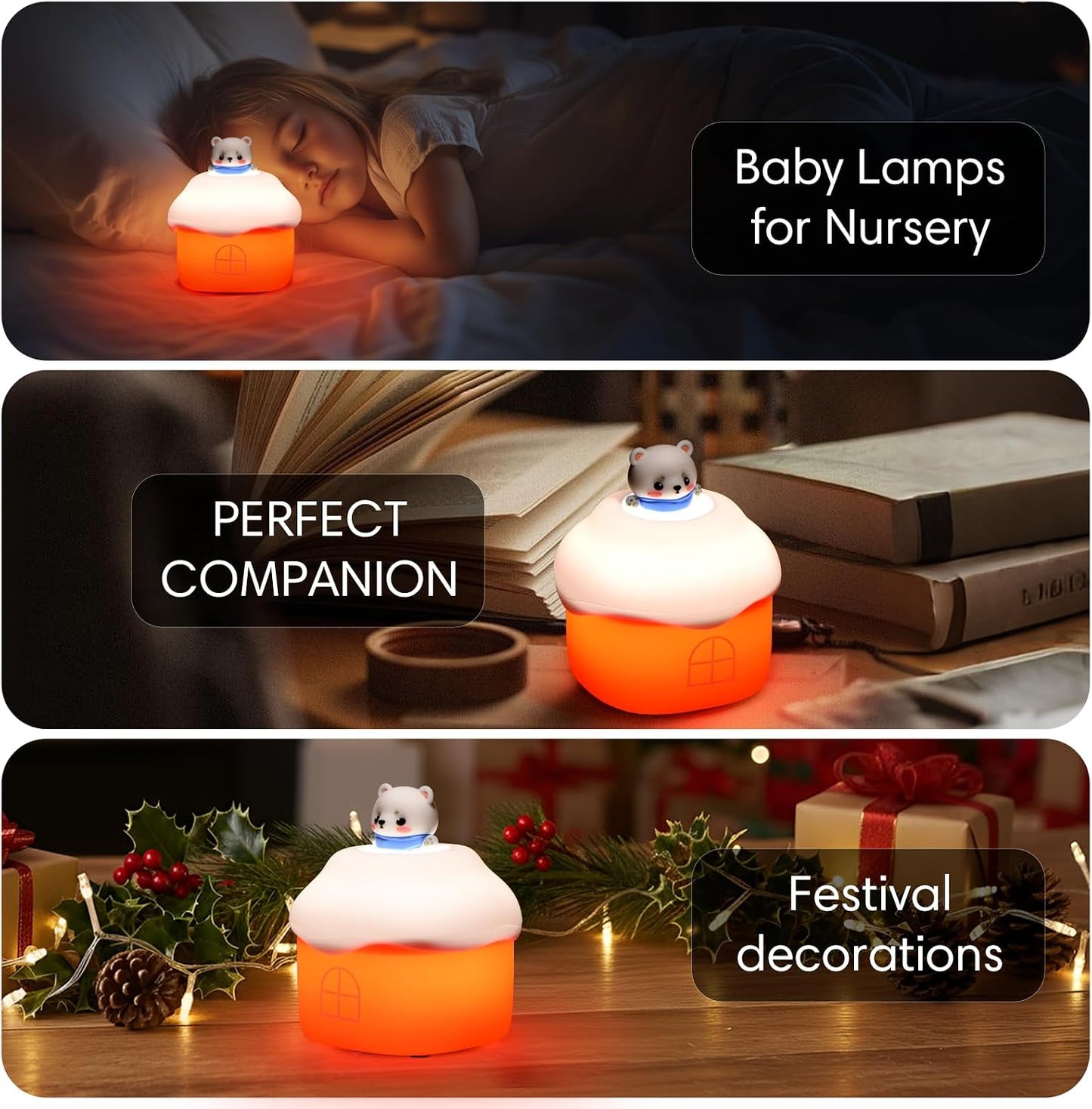 Snow Hut Silicone Night Light, Kids Bedside Lamp with 7 Fun Sound Effects, Touch Dimming, 30-Min Auto-Off Timer, Volume Control, 1000mAh Battery, Toddler Bedroom Essential, Birthday Surprise Bear