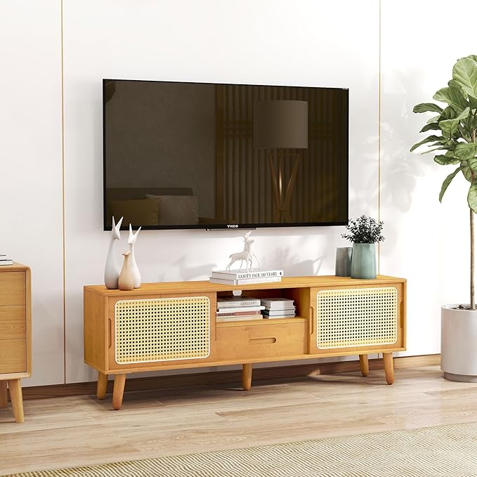 HollyHOME Bamboo TV Stand with Storage - Image 2