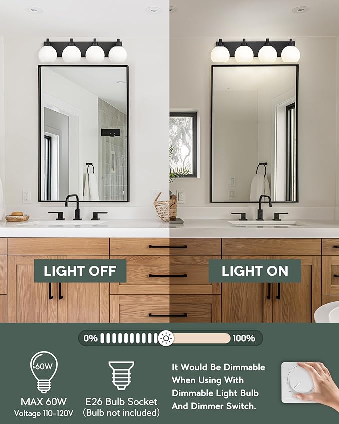 METWET Bathroom Light Fixtures, 4 Light Matte Black Vanity Light, 26 Inch - Image 2