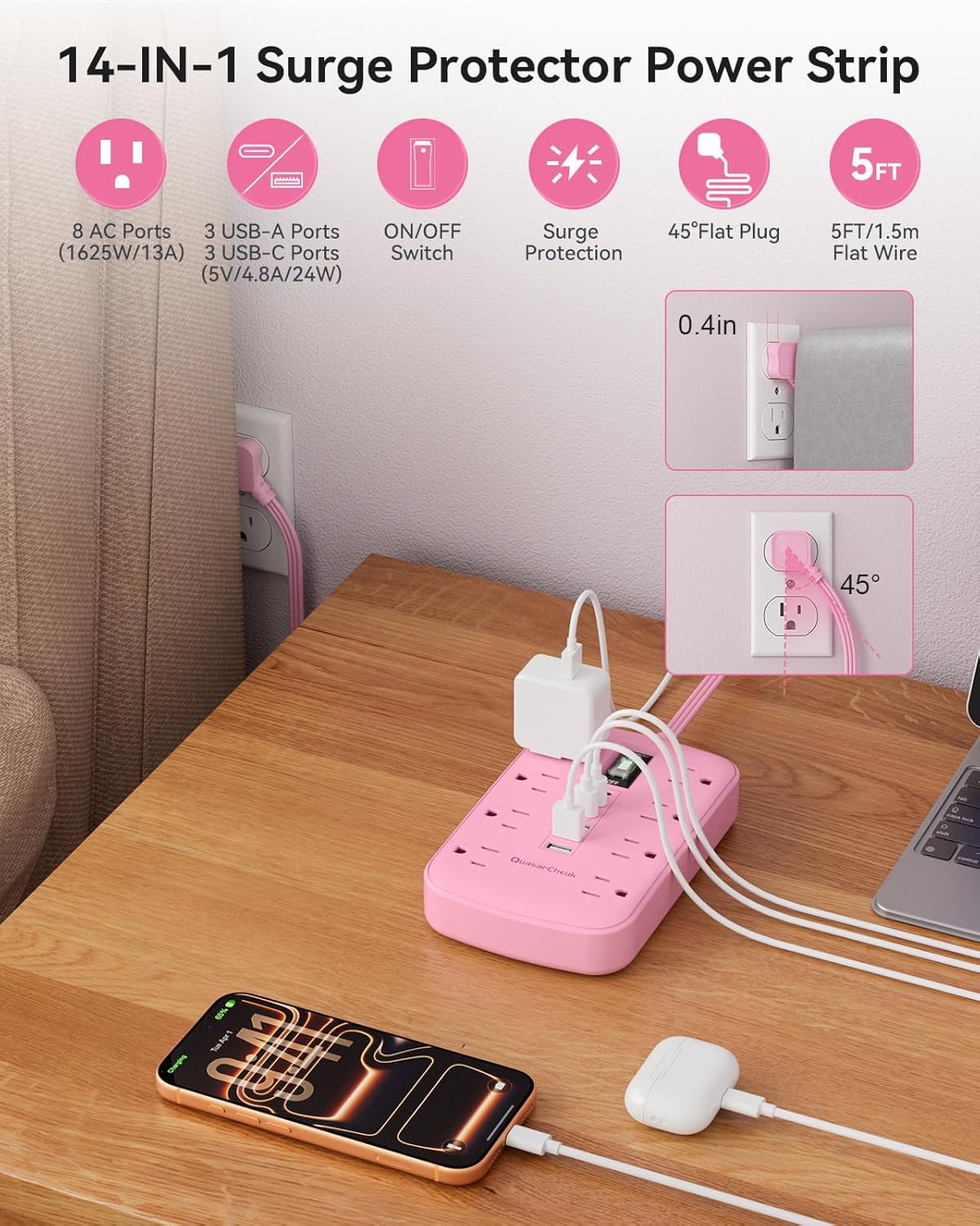 Pink Extension Cord with Surge Protector - 5 FT Kawaii Power Strip | 1625W, Cute Extension Cord with 6 USB(3 USB-C) 8 Outlets, Pink Desk Accessories for Women Girl, Kawaii Room Decor Office Dorm