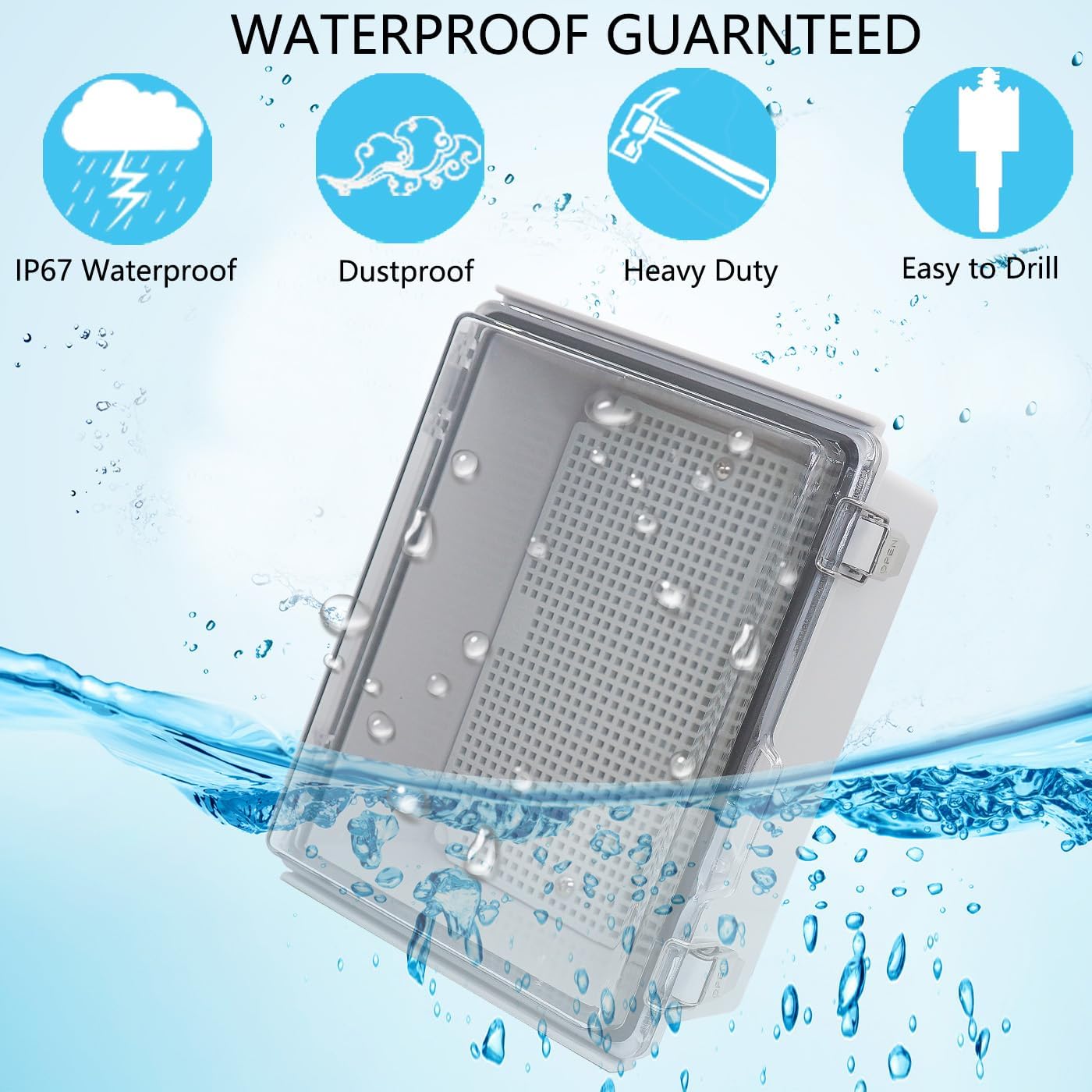 Waterproof Junction Box, ABS Plastic Electrical Box with Stainless Steel Latch, Hinged Cover Electric Project Enclosure Box with Mounting Plate, Wall Brackets & Cable Gland 8.7"x6.7"x4.3"