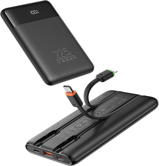 VEGER Portable Charger with Built in Cable, 10000mAh 22.5W Fast Charging USB C by VEGER