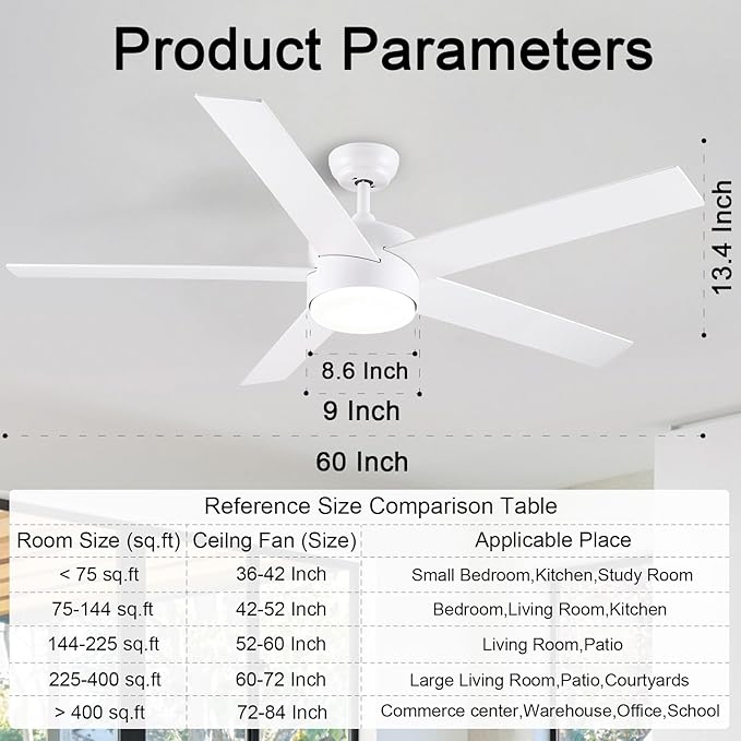 POCHFAN 60 Inch White Ceiling Fans - Image 4