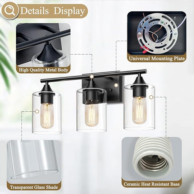 XPEHK Bathroom Lighting Fixtures Over Mirror, 3-Light Black Bathroom Vanity - Image 5