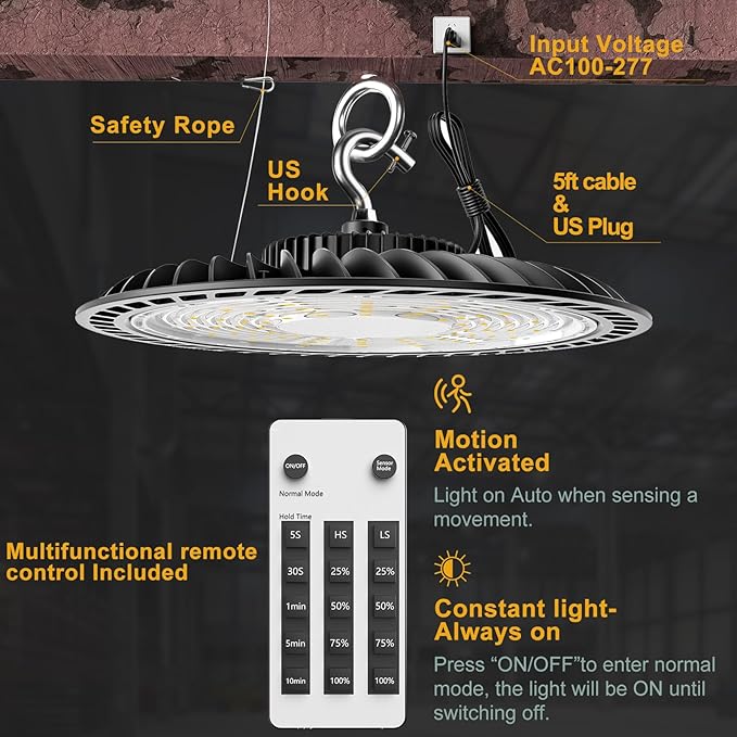 ACOHOOK Smart 350W LED High Bay Light Motion Sensor, 48000lm Commercial Bay - Image 8