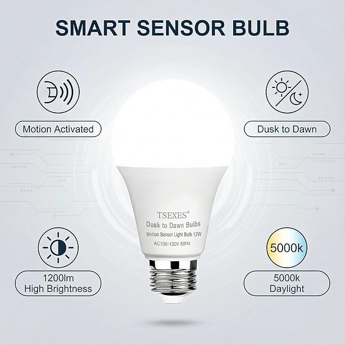 TSEXES 12W Motion Sensor Light Bulbs, 5000K Daylight, Motion Activated Light - Image 4