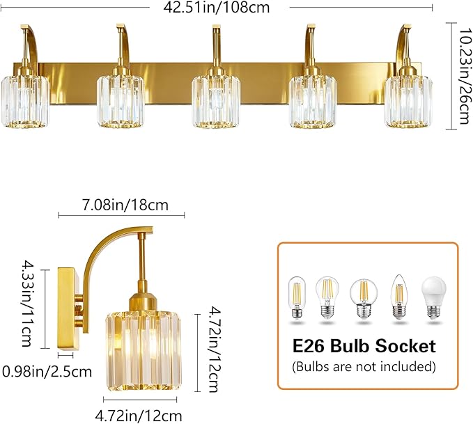 FDPBY 5-Light Crystal Vanity Light, Modern Gold Bathroom Wall Sconce - Image 4