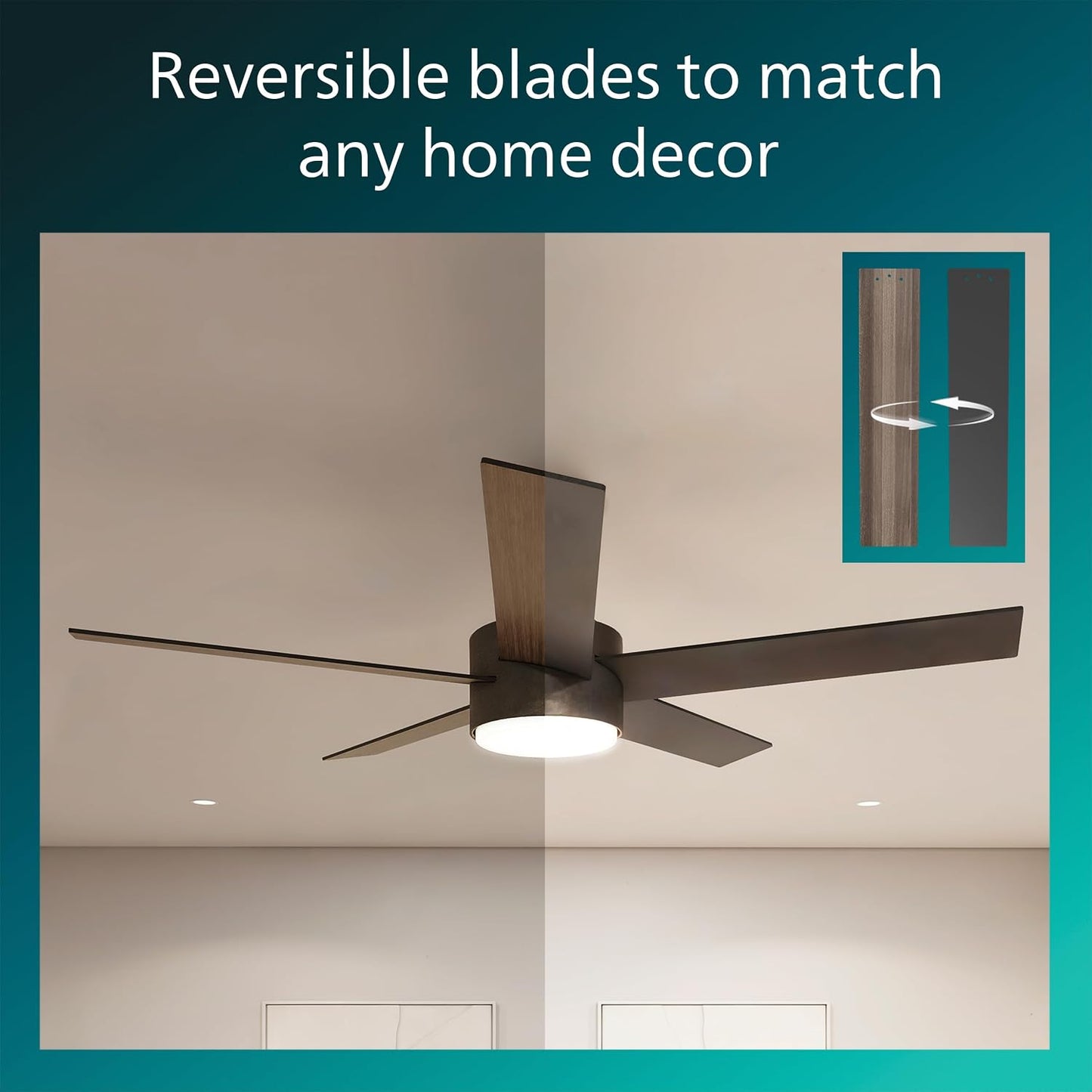 PHILIPS Indoor Ceiling Fan, Dark, with Bright LED Light, 2650 lm, 5 Blades, 5400 CFM, 6 Speeds, 2 Airflow Modes, Selectable White Light, Dimmable, Reversible Blades