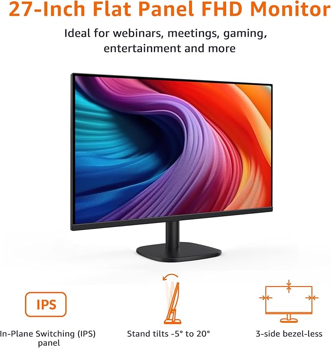 Amazon Basics 27 inch Monitor, FHD 1080P, Max 100Hz, VESA Compatible, Built-in - Image 2
