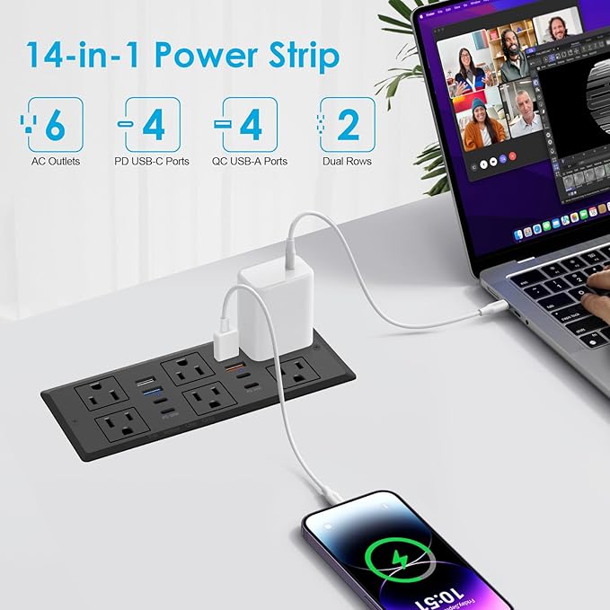 Recessed Power Strip, 30W PD USB-C & USB-A Fast Charging, Drawer Outlet Plug in - Image 2