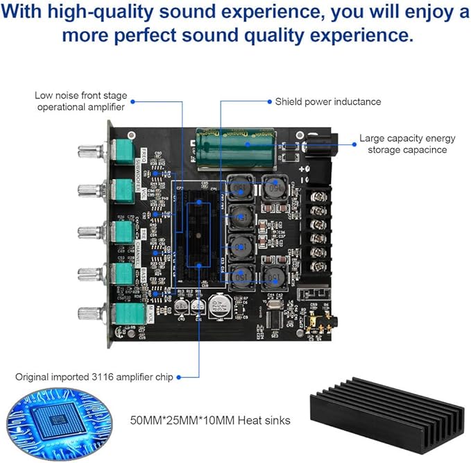 Bluetooth Audio Amplifier Board, ZK-TB21 2.1CH 50W x 2 +100W Subwoofer Power Amp - Image 3