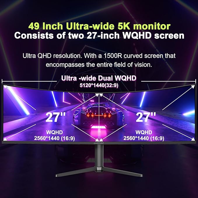 Amzfast 49 Inch Curved Monitor 120Hz DQHD 5120x1440p Ultrawide Gaming Monitor - Image 2
