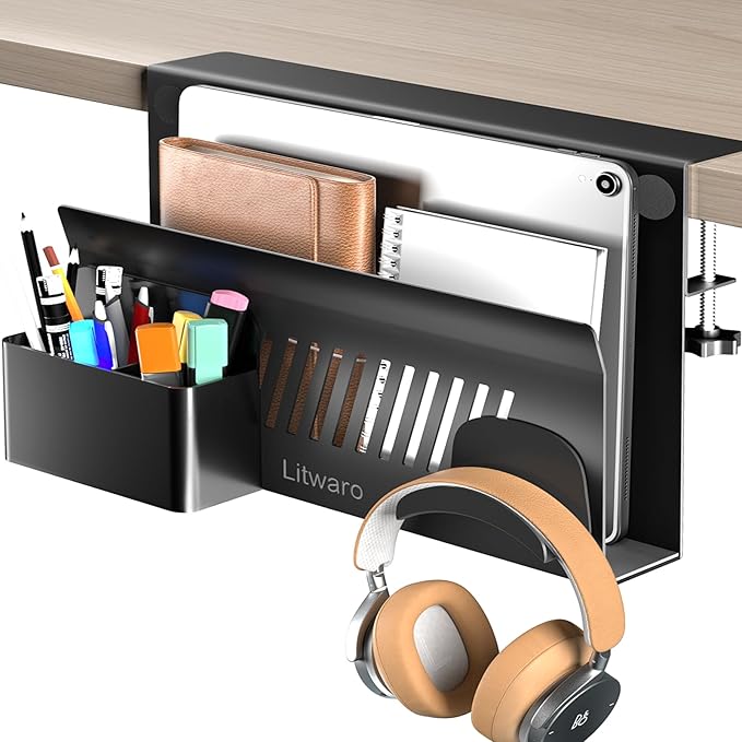 Litwaro Desk Side Storage Organizer, No Drill Laptop Holder Clamp on Desk Shelf by Litwaro