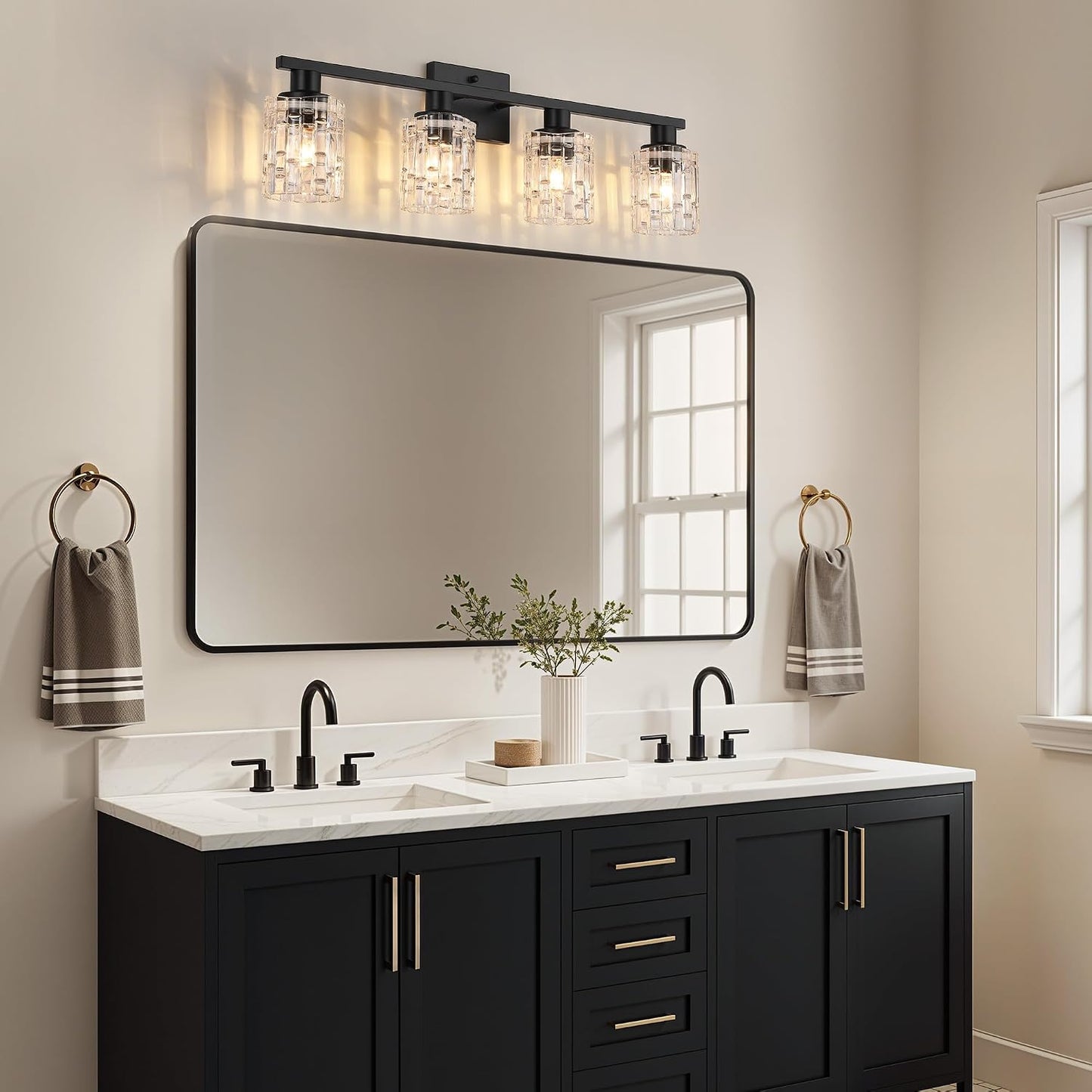 4 Light Matte Black Bathroom Vanity Light Over Mirror, Modern Vanity Lighting with Crystal Glass Shade, Wall Mount Bathroom Light Fixtures, E26 Base