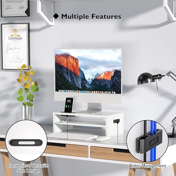 BONTEC Wooden Monitor Stand Riser, 2-Tier Desk Shelf - Image 3