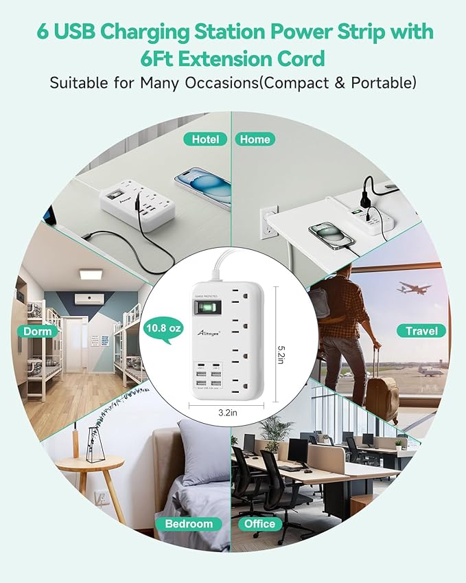 Alitayee 6 USB Surge Protector Power Strip- Travel Power Strip - Image 7