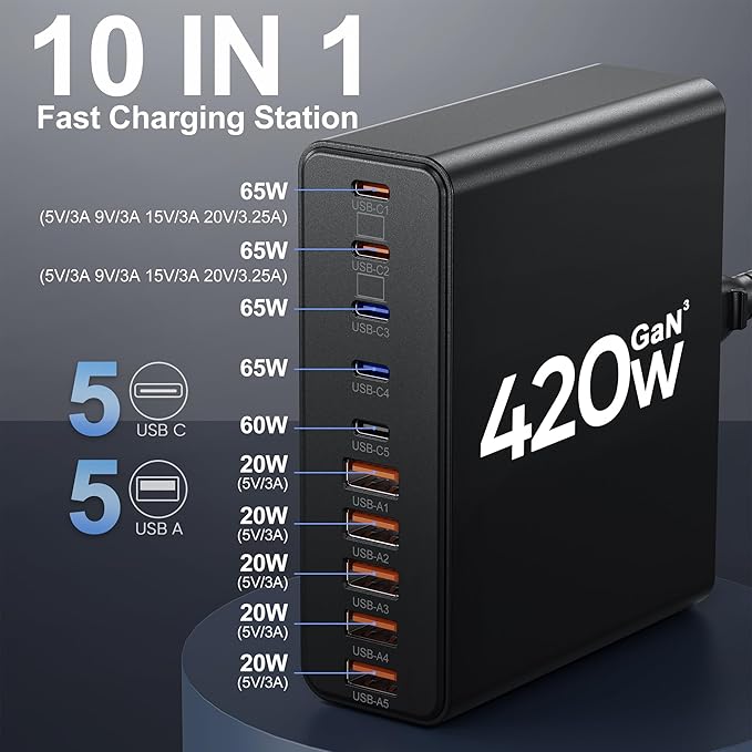 420W USB C Charger Block, 10-Port Charging Station GaN Fast Charging Type C & - Image 2