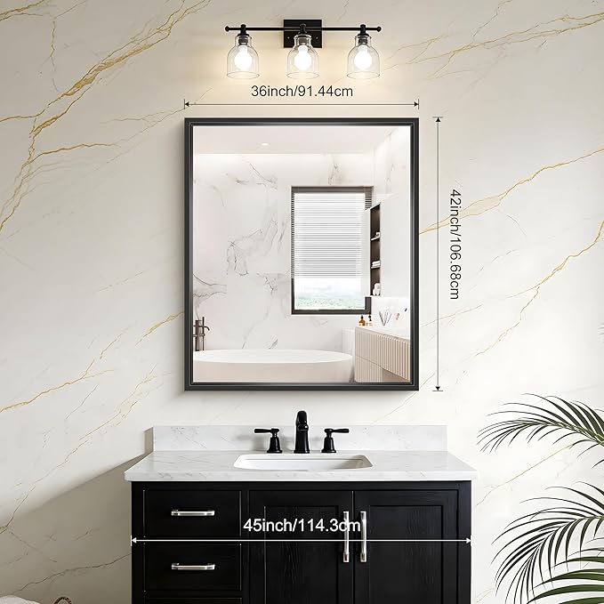 Bathroom Mirror, 42 x 36 Inch Brushed Black Rectangle Mirror, 0.6" Thickened - Image 2
