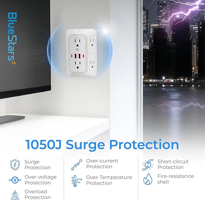 Wall Mount Power Strips Wall Charger 6 Outlet Extender 4 USB Ports and Night - Image 8