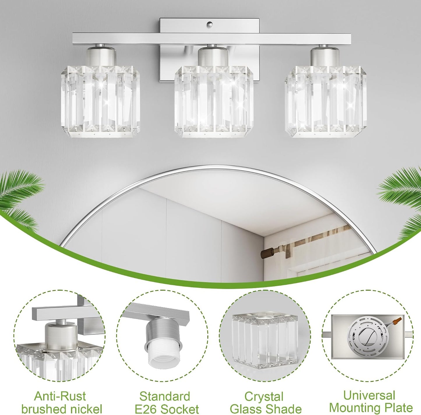 comzler 3-Light Bathroom Light Fixtures Over Mirror, Brushed Nickel Crystal Wall Sconce with E26 Base for Mirror Kitchen Living Room Bathroom, Square Crystal Shades (Bulbs Excluded) | Wall Sconce with E26 Base for Mirror Kitchen Living Room Bathroom
