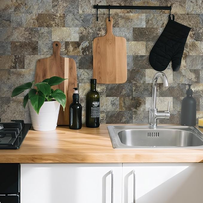 AULIGET 4-Piece Beige & Brown Slate Peel and Stick Backsplash Wall Tiles - Image 8