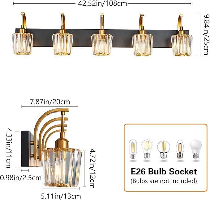 FDPBY Modern Bathroom Vanity Light, 5-Light Black Gold Wall Sconce - Image 4