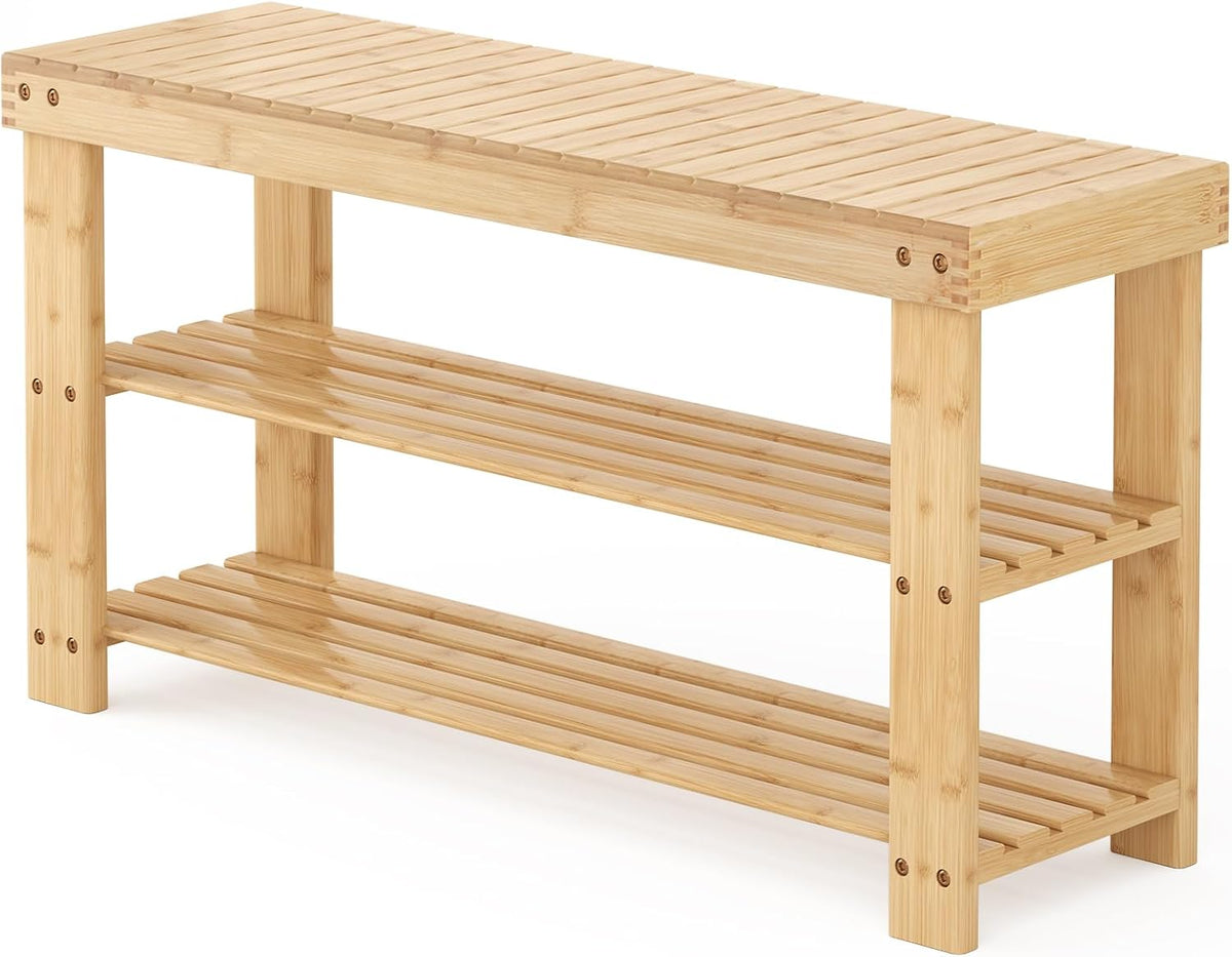 dumos wooden shoe rack bench, 3-tier bamboo entryway, main product view