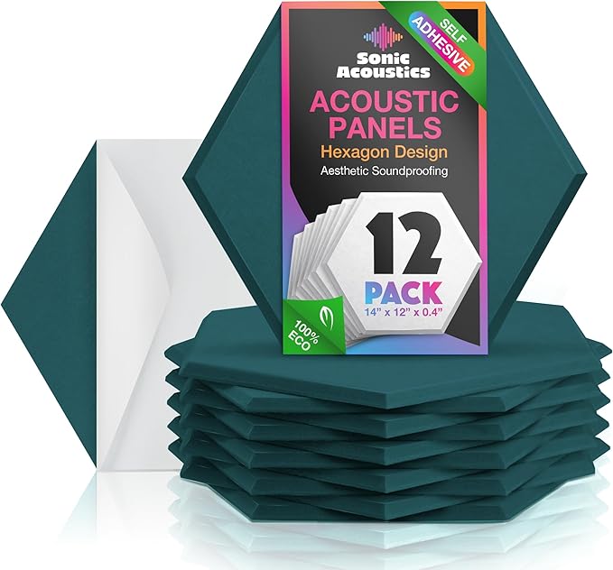 Self-Adhesive Acoustic Panels, 12 Pack Hexagon Sound Proof Foam Panels by SonicAcoustics