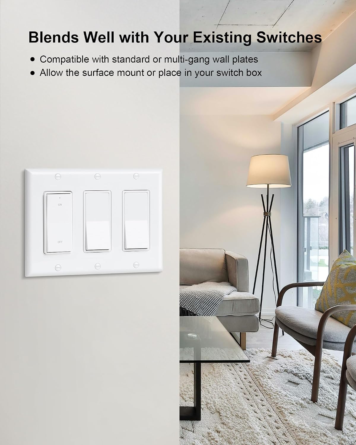 Wireless Remote Control Outlet with Decorator Rocker Wall Switch | 200FT Long Range Remote Light Switch, Mini Plug, 15A/1875W High-Power for Lamps, Lights, Household Appliances, ETL Listed