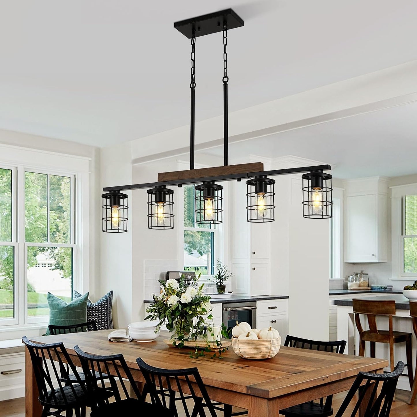 LmnLvn 5-Light Farmhouse Kitchen Light Fixture, Rustic Wood & Metal Cage | Black Hanging Kitchen Chandelier,Adjustable Hanging Height,Ideal Pendant Light over dining table and kitchen island