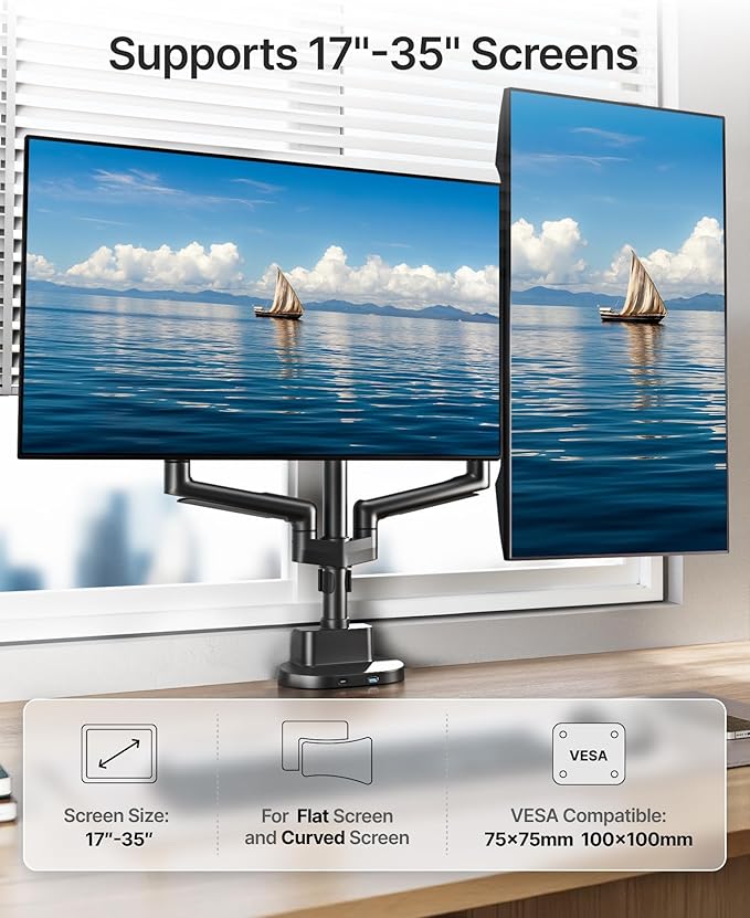 monTEK Dual Monitor Stand with USB Up to 35" Screens, Tall Post Mounted Monitor - Image 2
