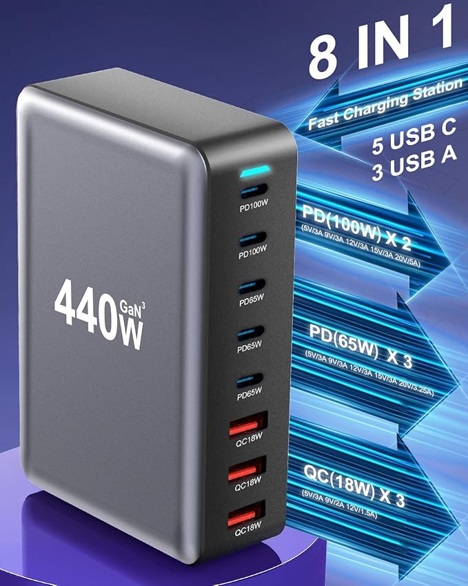 440W Fast USB C GAN Charger Block 8 Port Charging Station HUB Brick Dual PD PPS - Image 4