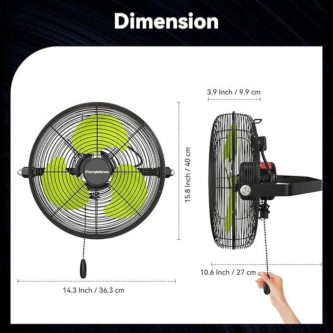 Fanqiebros 12 IN High Velocity Wall Mount Fan, 3 Speed Industrial Wall Fan - Image 2