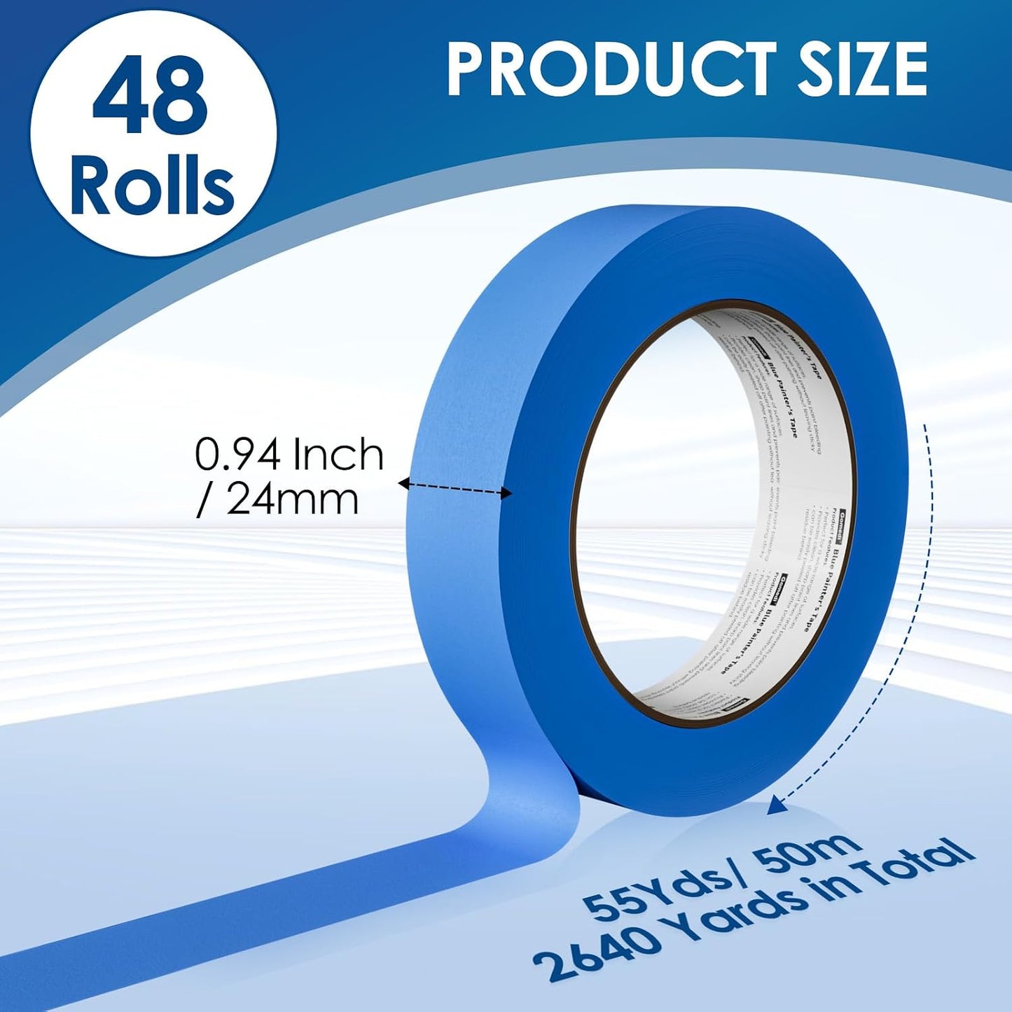 48 Rolls Blue Painters Tape 1 Inch Wide Bulk - Paint Tape UV Resistant | 0.94 In X 55 Yd Automotive & Wall Painting Tape, No Residue & Crisp Lines, Multi-Surface Use, Total 2640 Yds