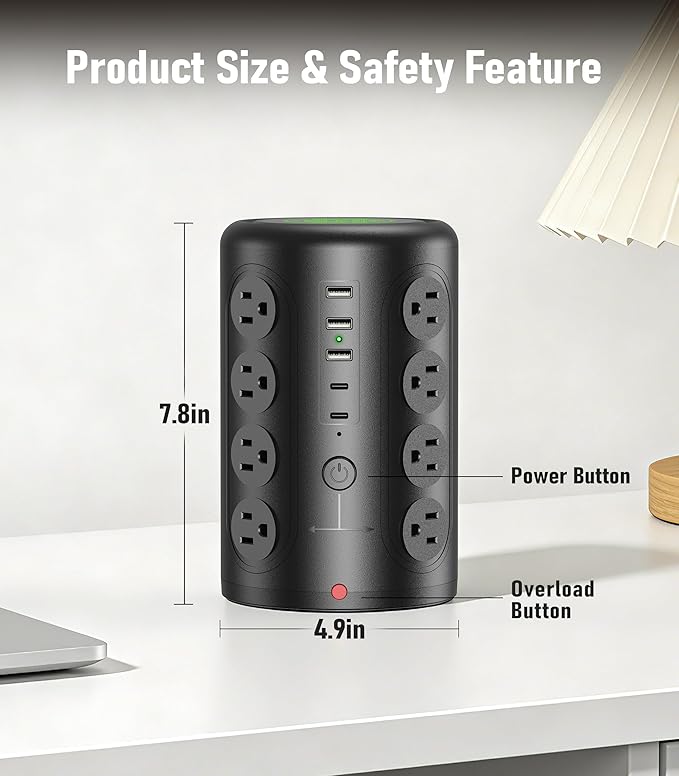 Power Strip Tower Surge Protector, TenTrend 16 Outlets and 5 USB Ports - Image 6