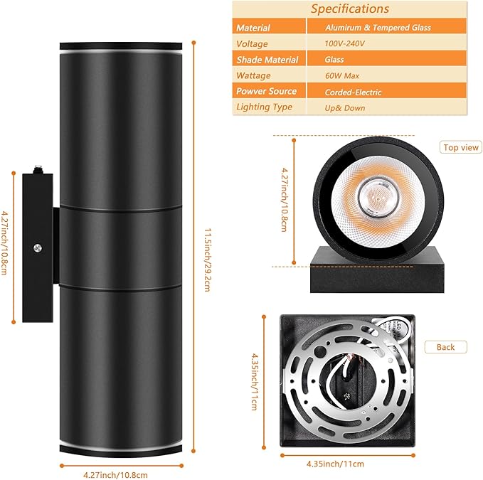 RIDALUX Dusk to Dawn Outdoor Wall Lights: 2 Pack Sensor Waterproof Cylinder Up - Image 3
