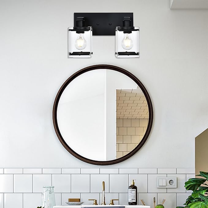 WINSHEN Black 2-Light Wall Sconce Bathroom Light Fixture, Rectangular Clear - Image 3