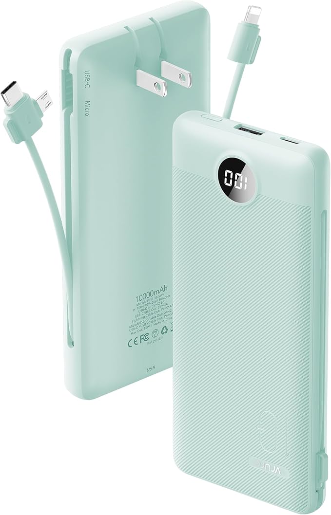 VRURC Portable Charger Built-in Cables and AC Wall Plug, USB C Power Bank by Home