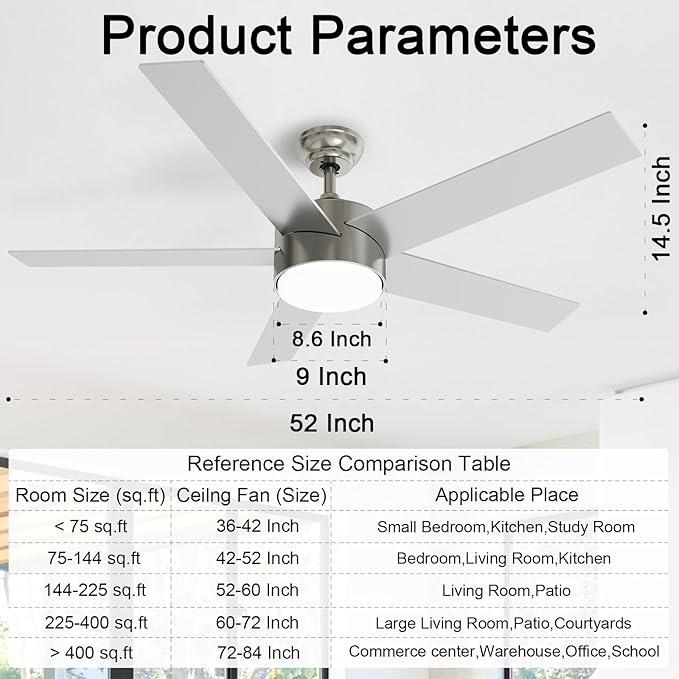 POCHFAN 52 Inch Brushed Nickel Ceiling Fans - Image 3