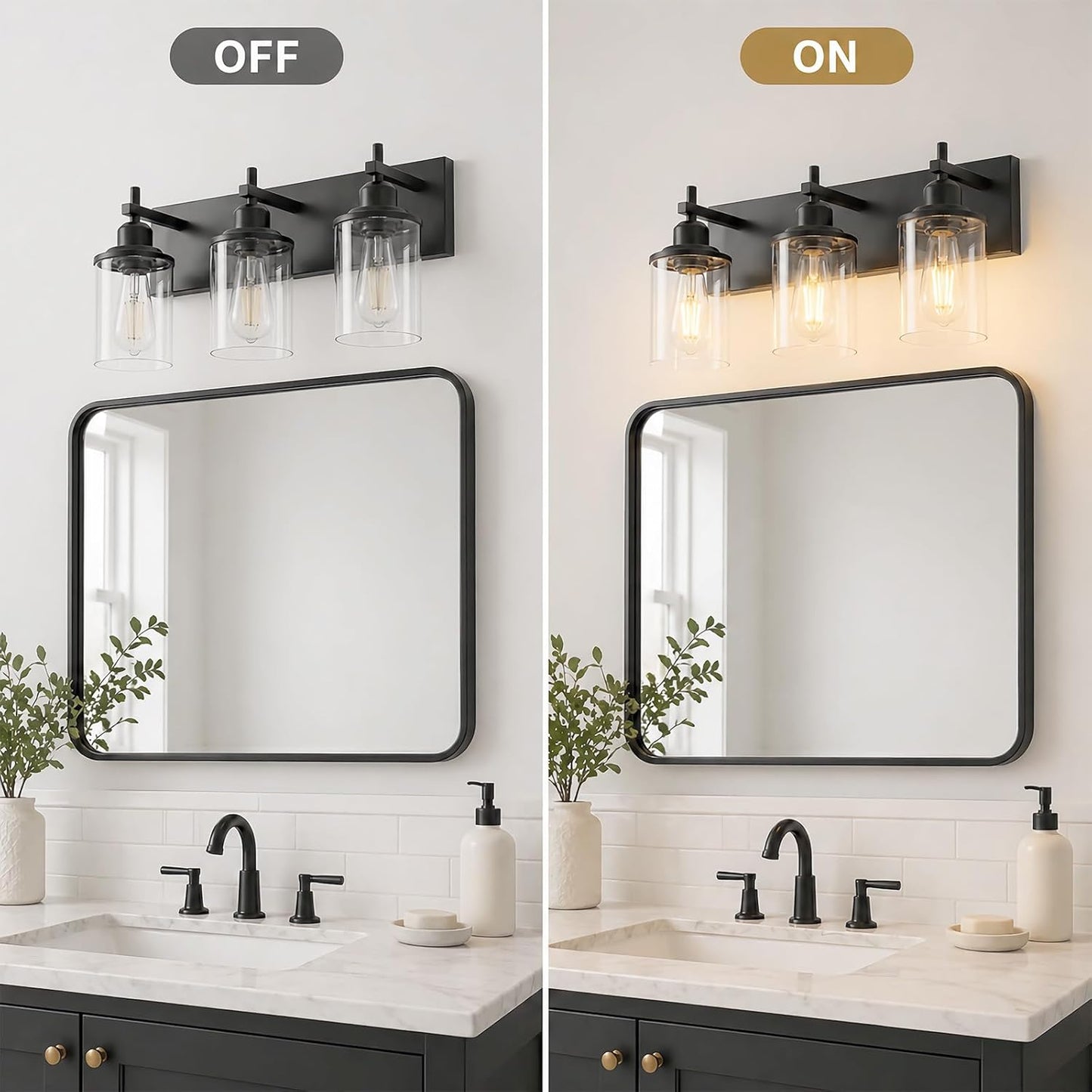 Lanhall 3-Light Black Bathroom Light Fixture Over Mirror Modern Farmhouse Bathroom Vanity Light Vintage Wall Lighting with Clear Glass Shade for Bathroom, Bedroom, Hallway, Cabinet