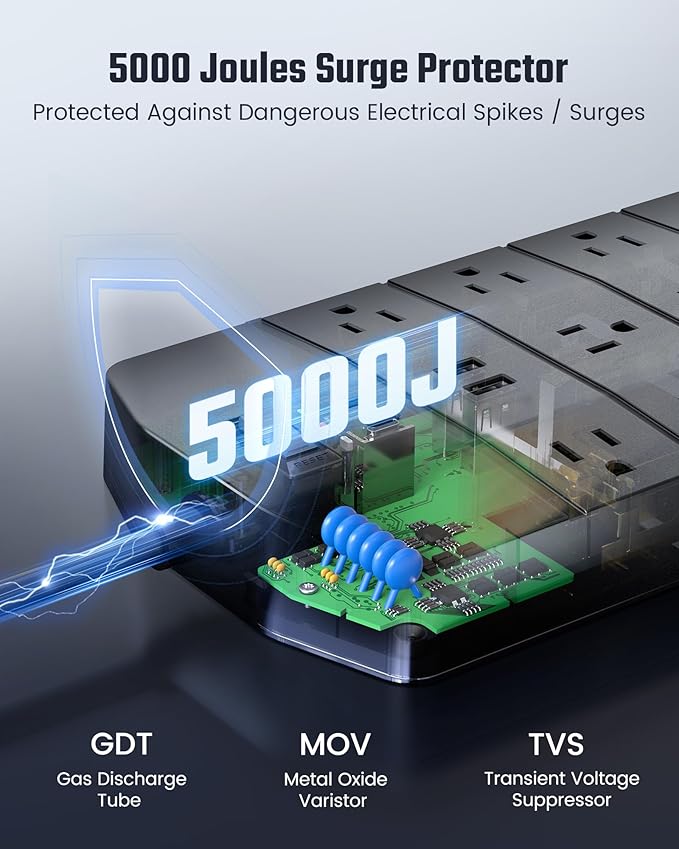 SUPERDANNY 15A Power Strip Surge Protector 5000 J - Image 3