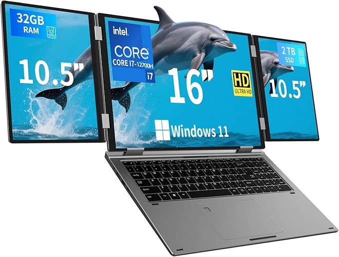 KOOFORWAY Triple Screen Laptop, 16” Main + Dual 10.5” Monitors, Core i7-12700H by KOOFORWAY