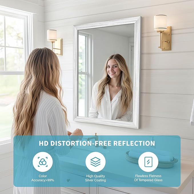 White Wood Effect Framed Wall Mirror, 24x36 Rectangle Mirror, Anti-desilvering - Image 3