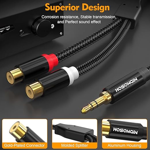 HOSONGIN RCA Female to 3.5mm Male Audio Cable 2 Pack, DJ Gear – Nylon Braided - Image 4