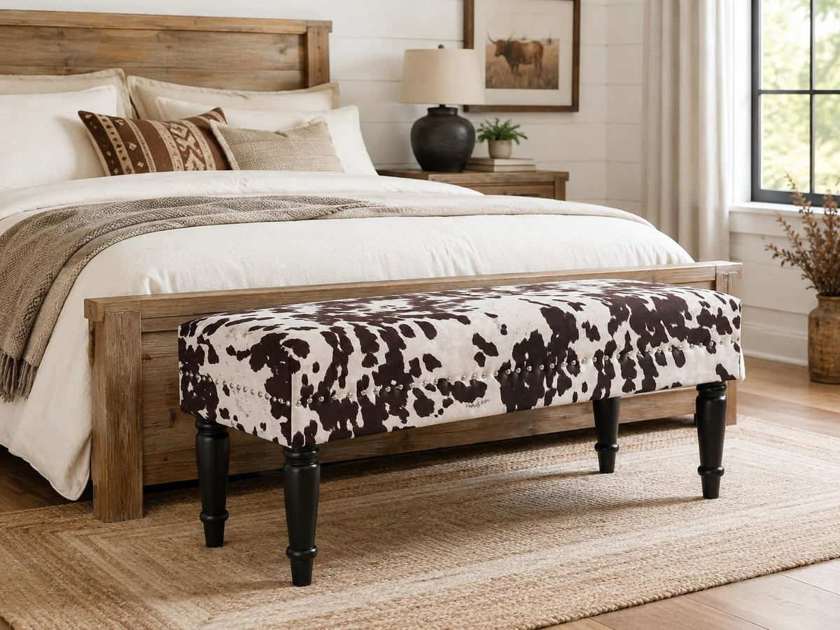 homebeez 39.4" cow print bench, upholstered bedroom cowhide, close-up detail