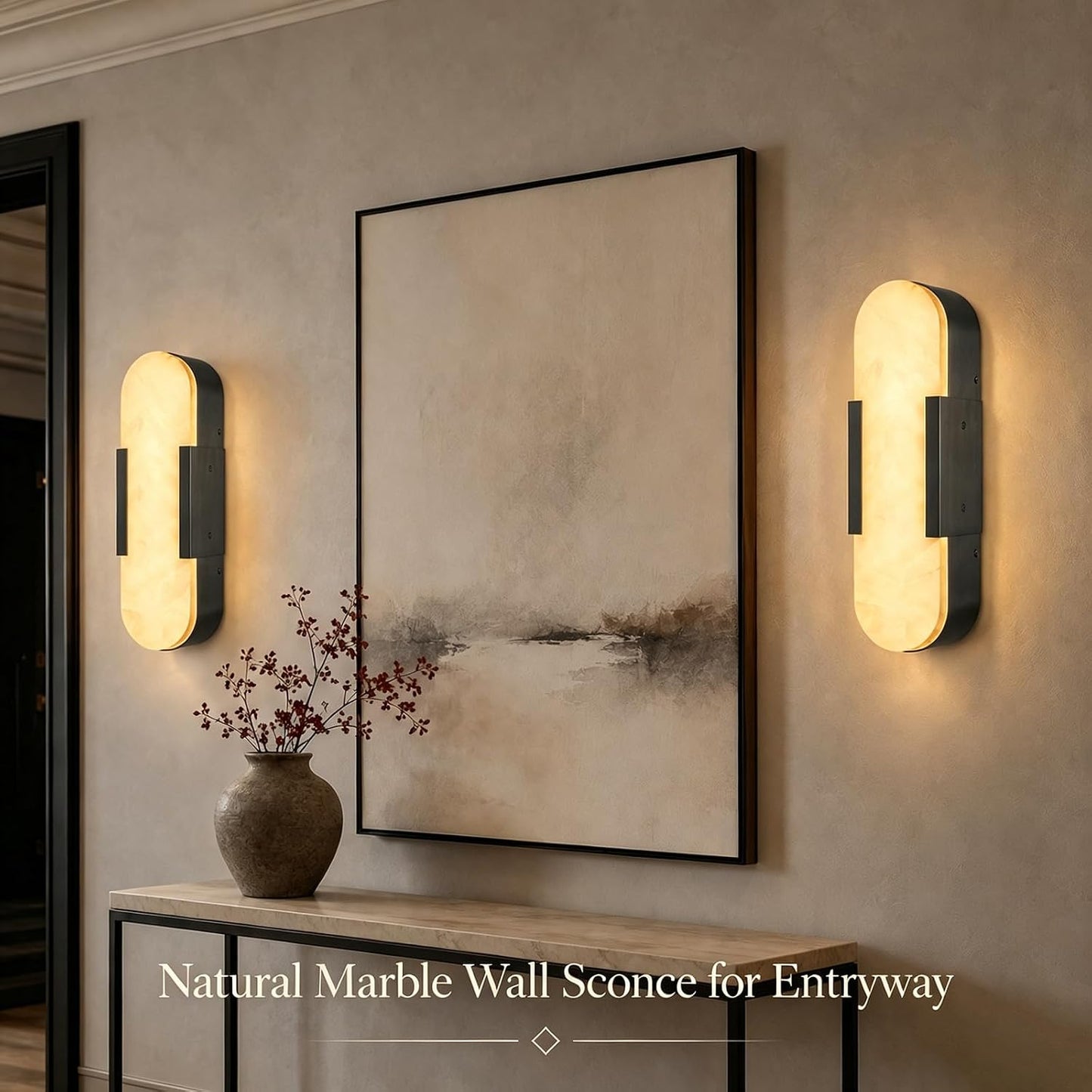 Alabaster Wall Sconces Set of 2, 13.8" Black Natural Marble Wall Sconce, Hardwired Bathroom Vanity Lights, Modern Indoor Wall Lighting for Bedroom, Living Room, Hallway, Stairs, 3000K Warm Light